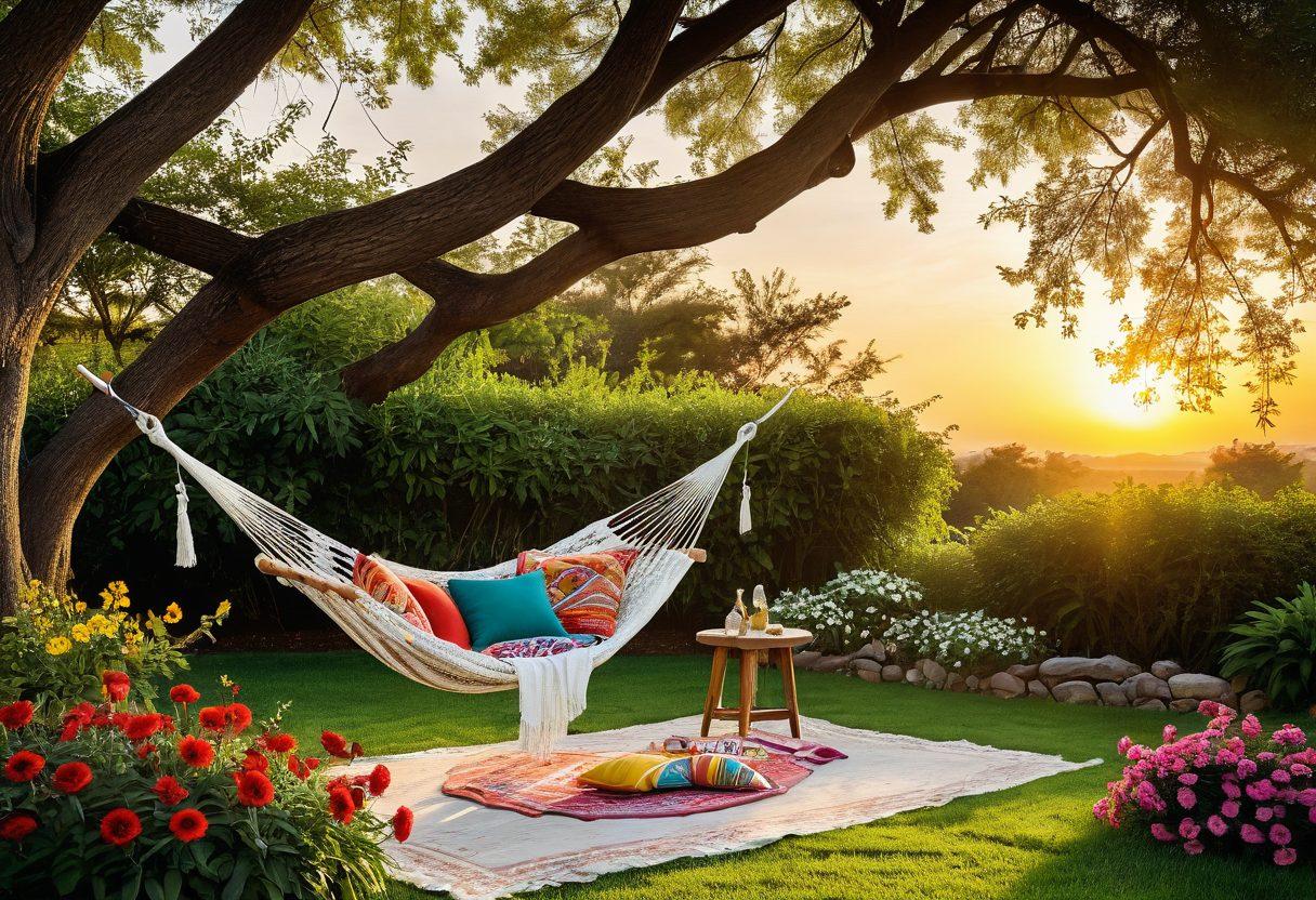 A beautiful backyard scene showcasing a cozy hammock strung between two trees, surrounded by vibrant flowers and lush green grass. A stylish outdoor seating area with colorful cushions and a rustic wooden table filled with fresh fruits and drinks is prominently displayed. Include a serene sunset in the background, casting warm golden light on the scene. Emphasize a sense of relaxation and connection to nature. super-realistic. vibrant colors. tranquil ambiance.