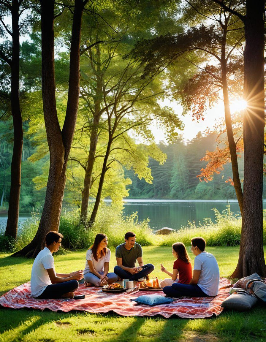 A serene family picnic scene in a lush green forest, featuring a variety of family members of different ages enjoying bonding activities like playing frisbee, reading, and cooking over a campfire. Sunlight filters through the trees creating a warm, inviting atmosphere, with colorful blankets spread over the grass and a nearby lake reflecting the vibrant colors of nature. Include soft smiles and laughter among the family members to convey joy. super-realistic. vibrant colors. warm tones.