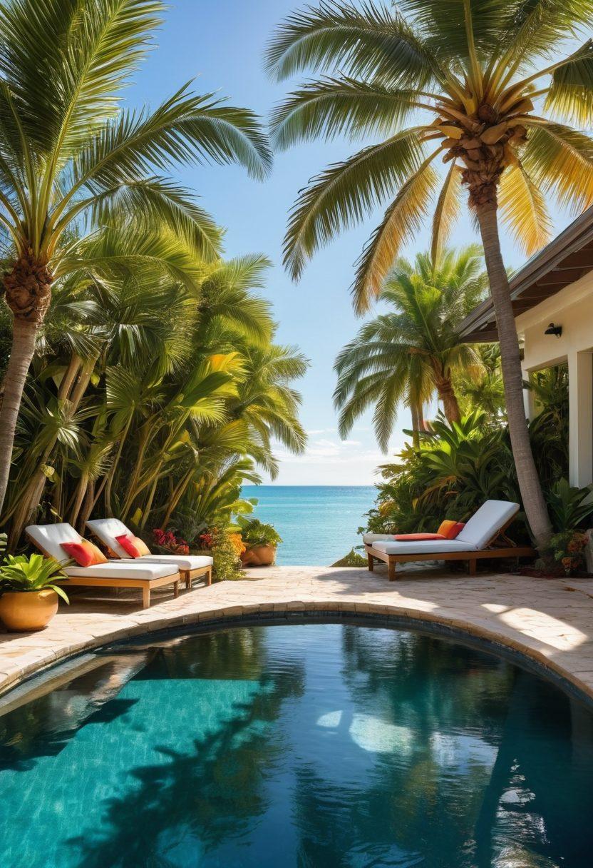 A breathtaking summer retreat featuring a serene vacation home nestled among lush greenery and tropical flowers, a sparkling blue pool reflecting sunlight, and comfortable outdoor seating adorned with colorful cushions. The scene is accentuated by soft, golden sunlight filtering through palm trees and a gentle breeze creating ripples in the water. Include a distant view of a tranquil beach under a clear blue sky. super-realistic. vibrant colors. 3D.